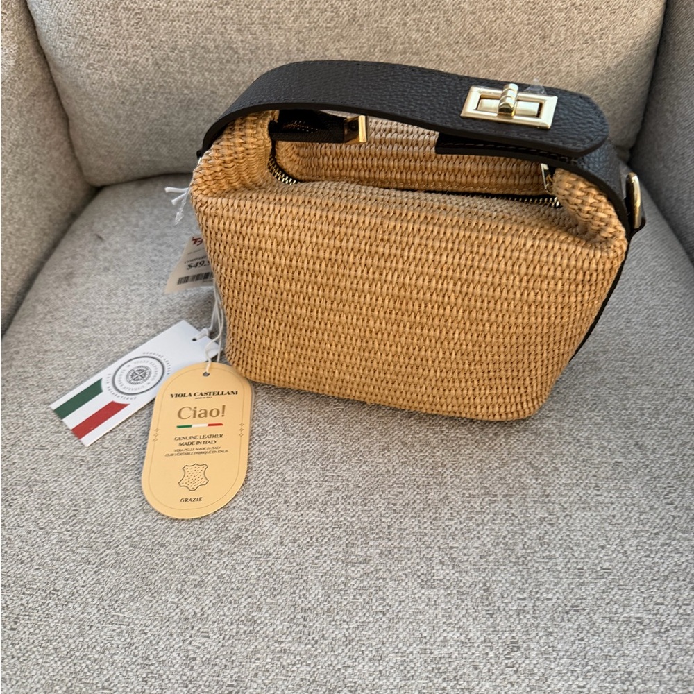 Chic Black and Tan Woven Rafia Mini Bag